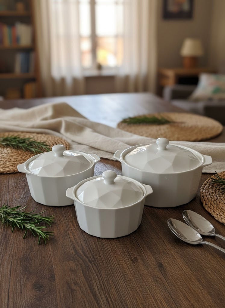 3-Piece Ceramic Soup Bowl Set With Lid White; Small Bowl 8.7 Inch, Medium Bowl 9.7 Inch, Large Bowl 11 Inch